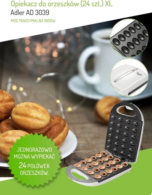 Aparat për biskota arra XL, Adler AD 3039, 24 gjysmë-arra, 1600W, pllaka jo-ngjitëse, e bardhë
