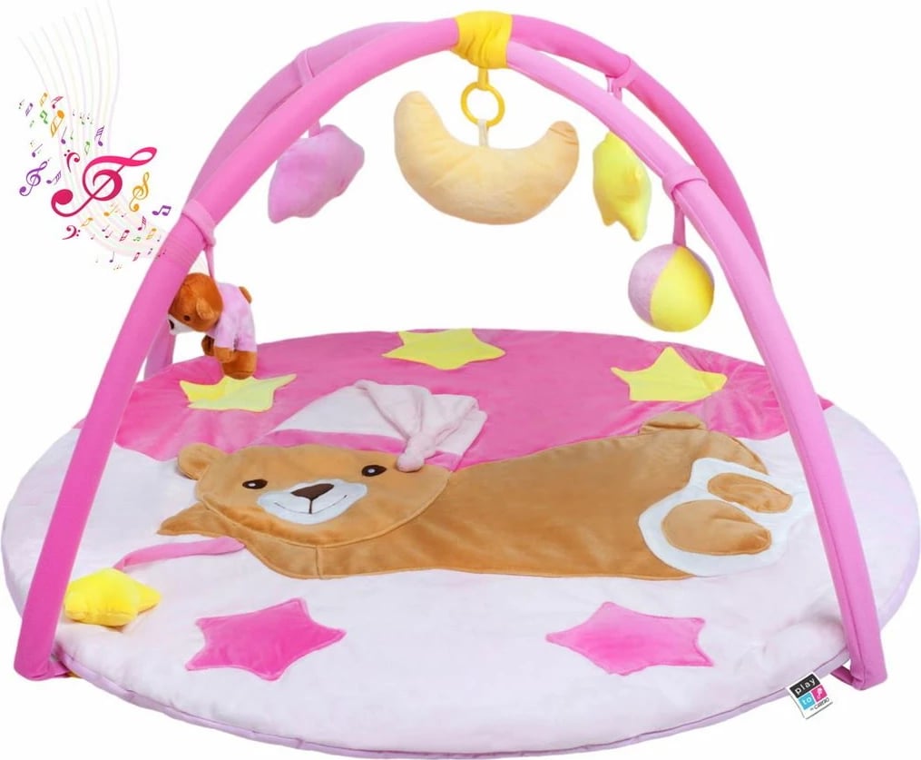 Batanije loje me melodi, PLAYTO Sleeping Teddy Bear, diametër 87 cm, hark me lodra të heqshme, për bebe 3m+, rozë