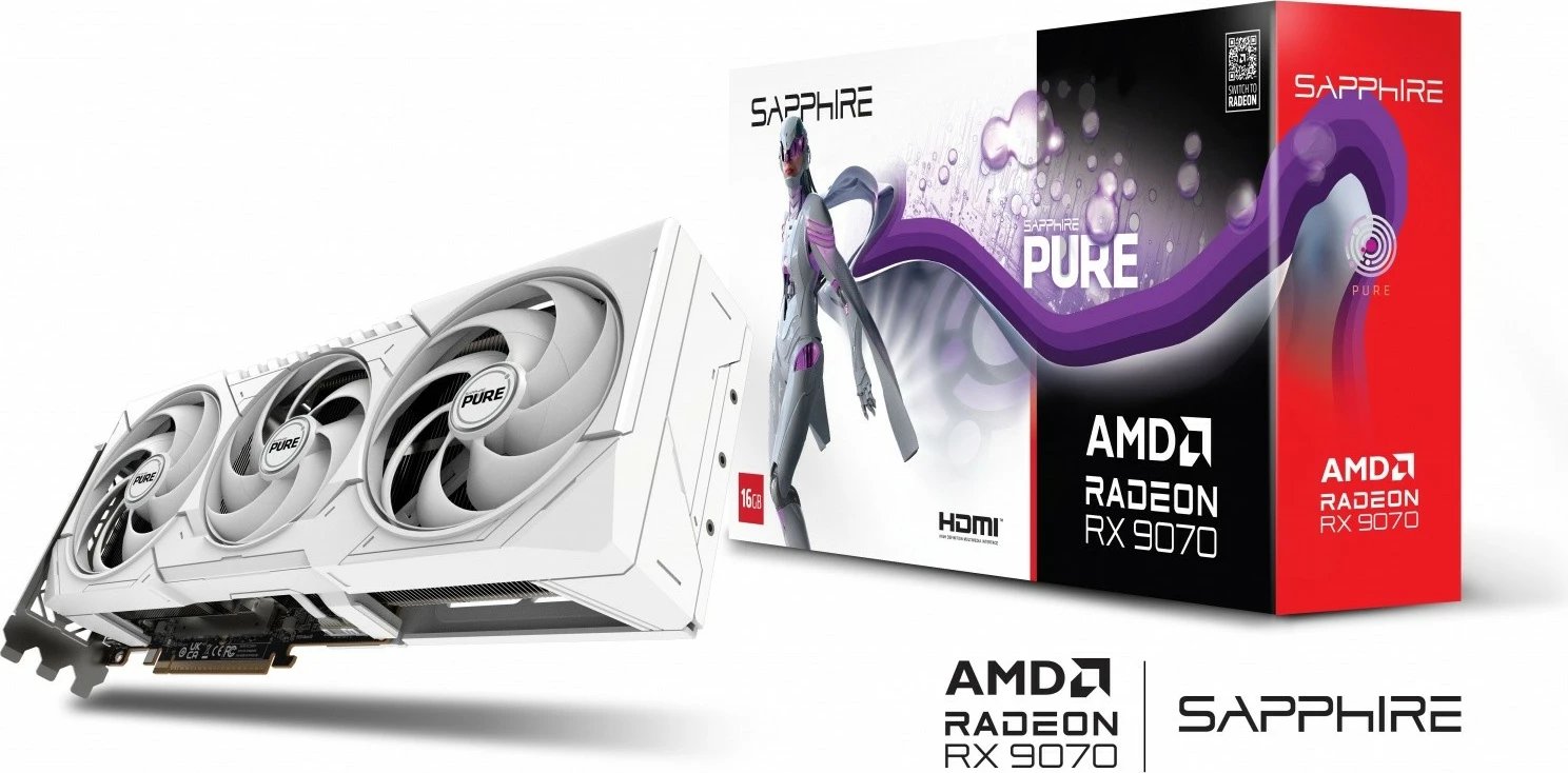 Kartelë grafike Sapphire Radeon RX 9070 PURE, 16GB GDDR6, 256-bit, 3 ventilatorë, e bardhë