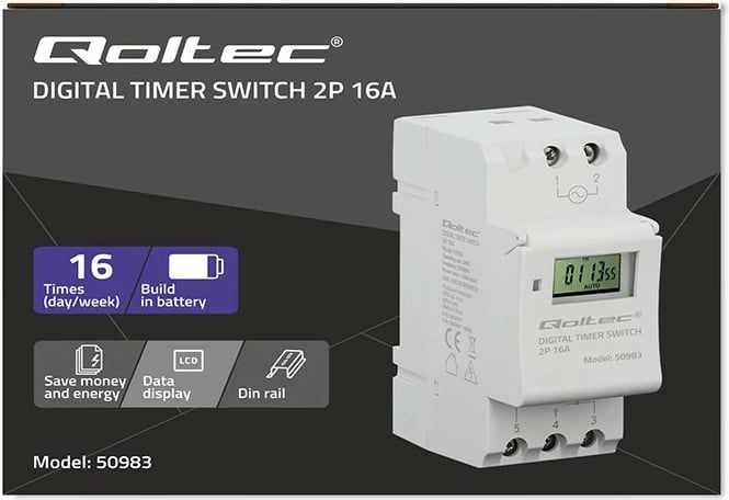 Programator kohor elektronik për shinë DIN, Qoltec 50983, 7 ditësh, 16 programe, bateri e integruar, 16A/3600W, i bardhë