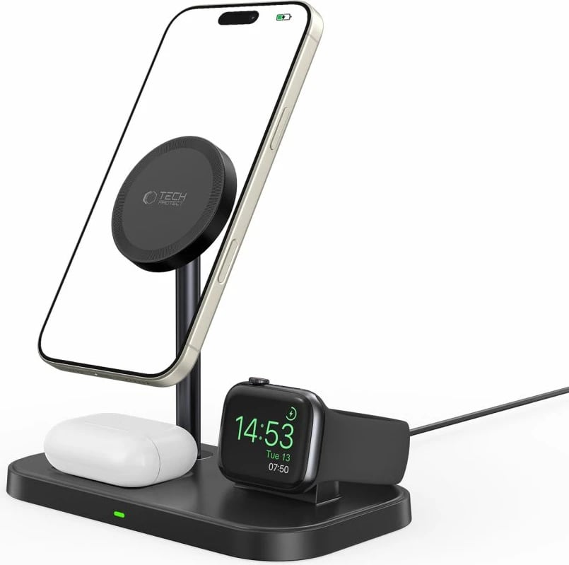 Karikues induktiv 3-në-1 Tech-Protect QI15W-A22 me MagSafe, për smartphone, Apple Watch dhe AirPods, i zi