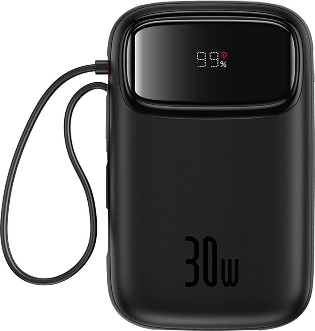 Powerbank Baseus QPow 2, 10000mAh, 30W, me kabllo USB-C të integruar, Ekran LED, e zezë