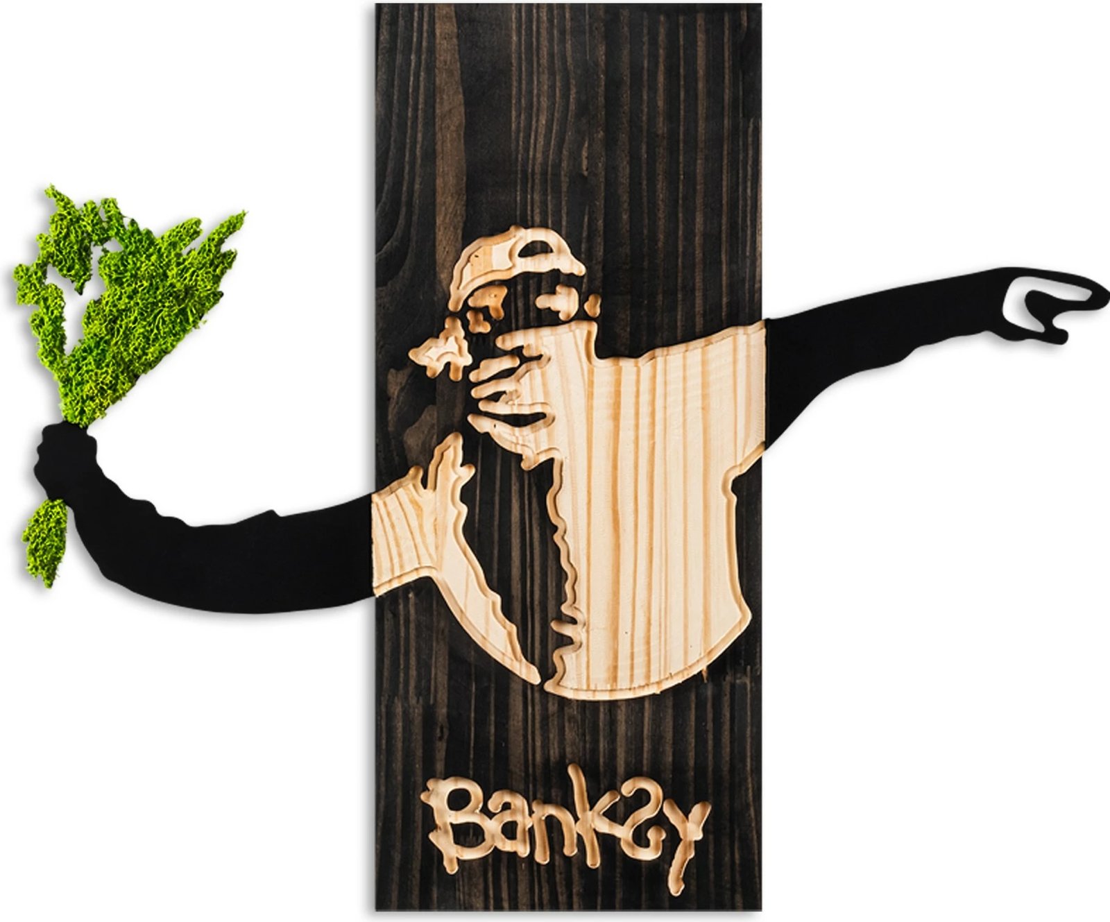 Aksesor muri dekorativ prej druri, Wallity, Banksy - Flower Thrower 2, ngjyrë e zezë, arre, e gjelbër, 69x58x3cm