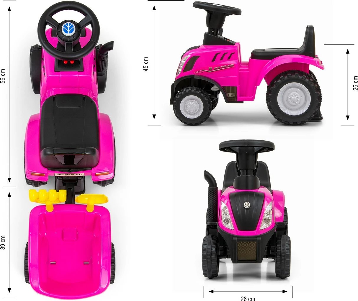 Traktor ride-on Milly Mally New Holland T7, me rimorkio dhe vegla, drita dhe zëra, 2xAA, moshë 12-36 muaj, rozë