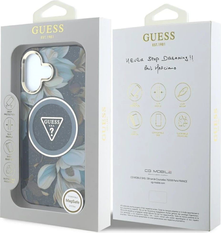Mbështjellës Guess Glitter Flowers Triangle Buttons MagSafe për iPhone 16, i zi