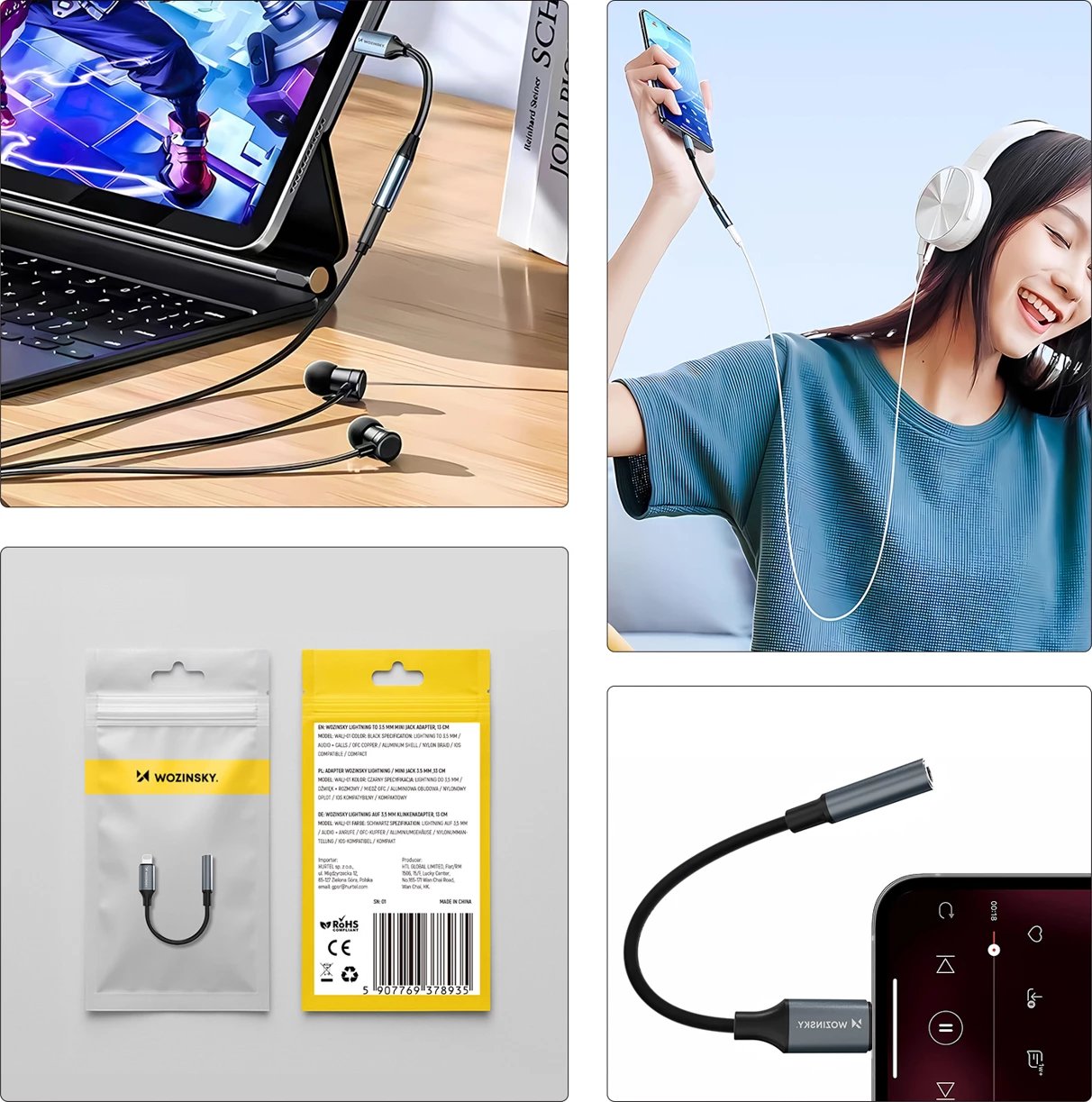 Adapter audio Lightning në 3.5 mm mini jack, Wozinsky, WALJ-01, alumini + TPE/nylon, HiFi, kompatibil me iPhone/iPad, zi