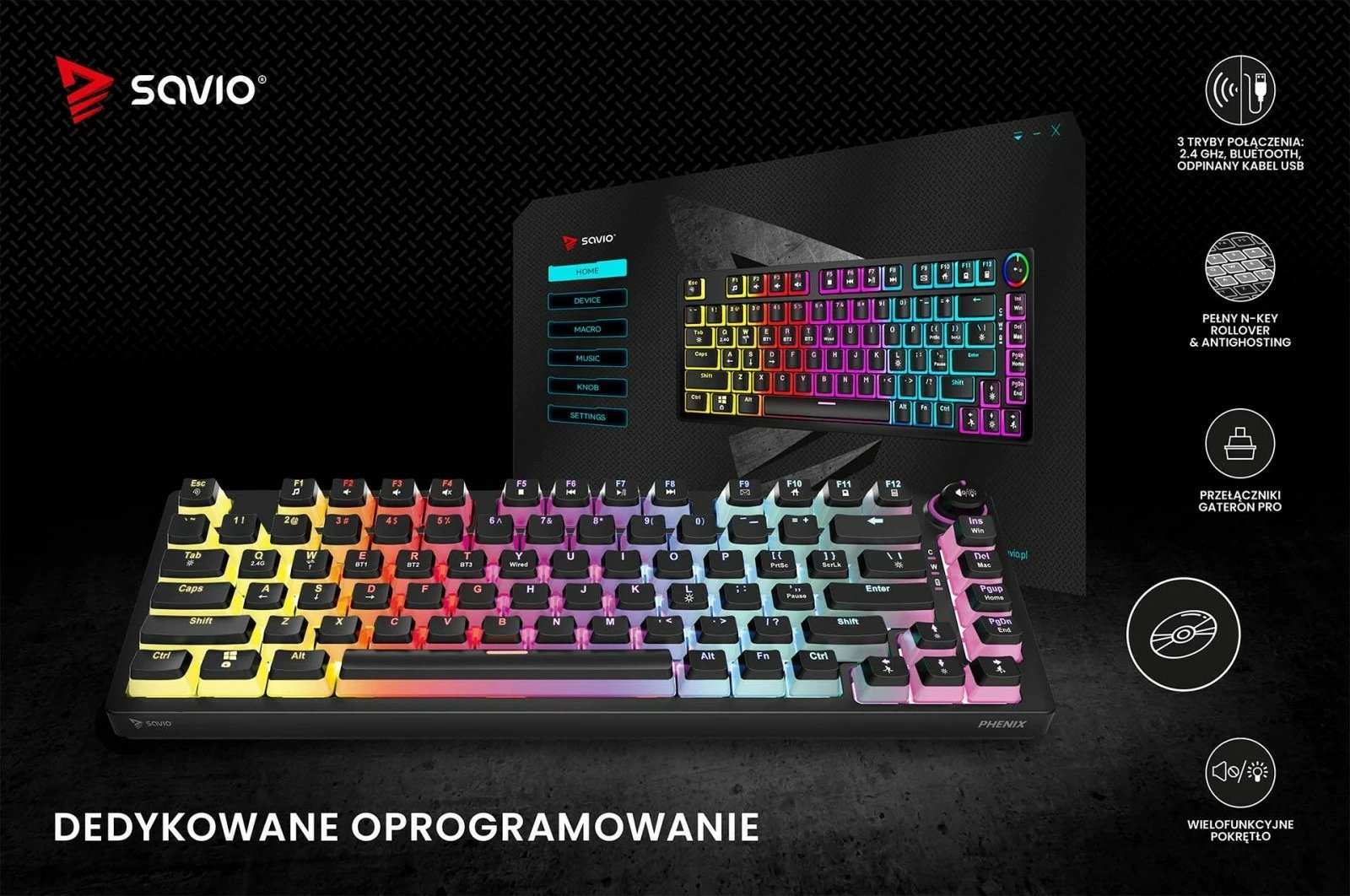 Tastierë mekanike Savio Phenix, Gateron Yellow Pro, wireless/përmes kabllos, RGB, e zezë Tastierë mekanike Savio Phenix, Gateron Yellow Pro, wireless/përmes kabllos, RGB, e zezë