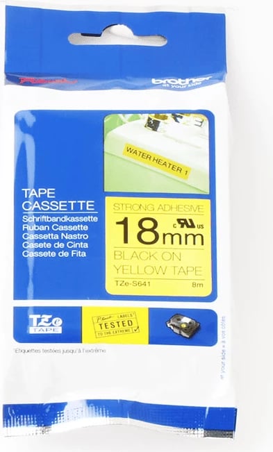Kasetë shirit etiketimi Brother TZe-S641 18 mm x 8 m ngjitje e fortë, e zezë në të verdhë