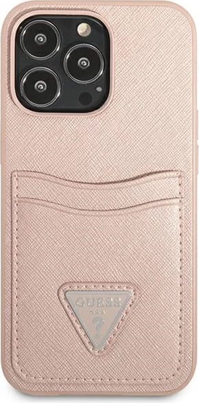 Mbështjellës Guess Saffiano Triangle për iPhone 13 Pro / 13, hardcase, rozë, me hapësirë kartelash