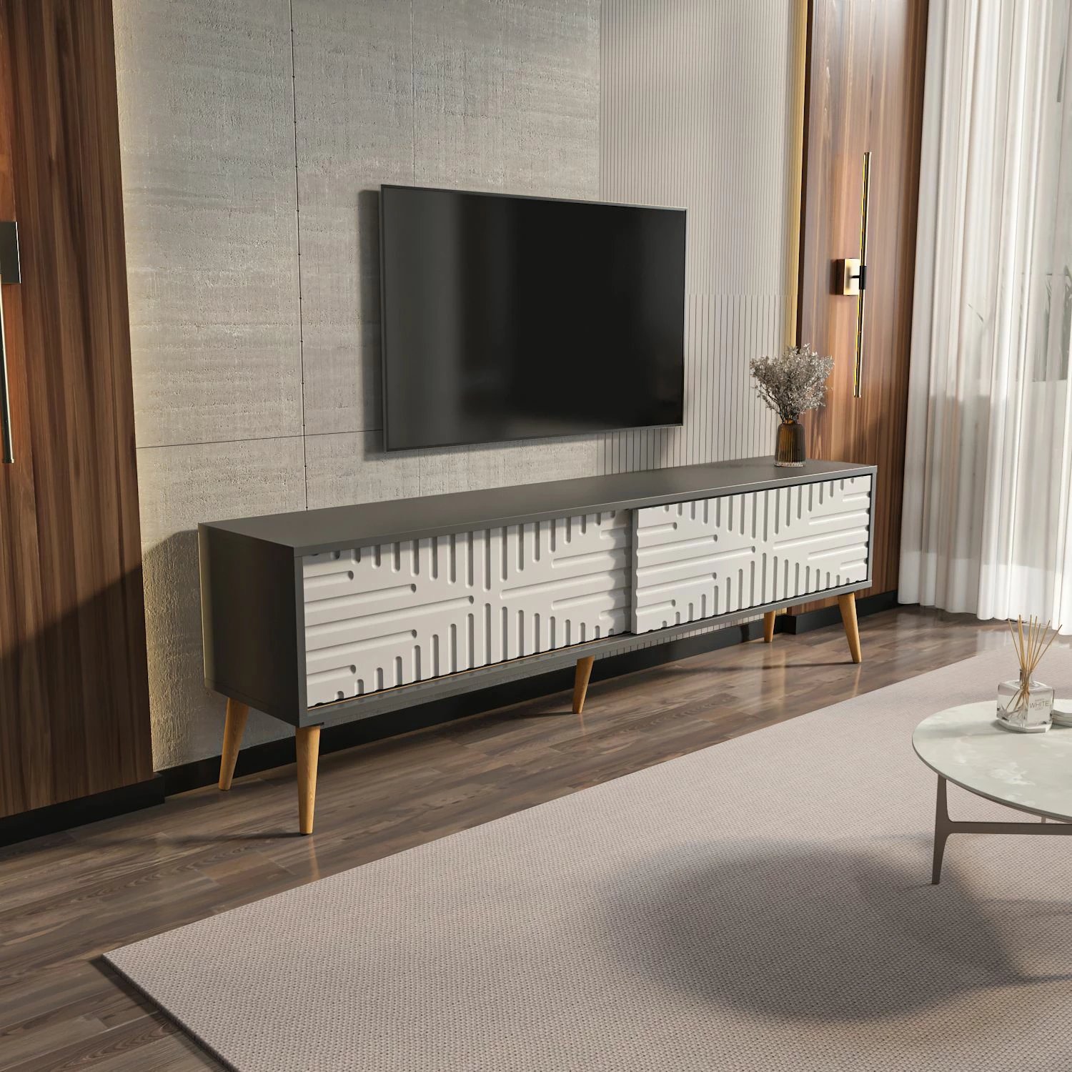 Komodë për TV, Skye Decor, ngjyrë antracit dhe e bardhë