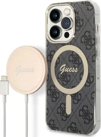 Set mbështjellës Guess GUBPP14LH4EACSK me karikues wireless për iPhone 14 Pro 6.1", 4G Print, MagSafe, zi