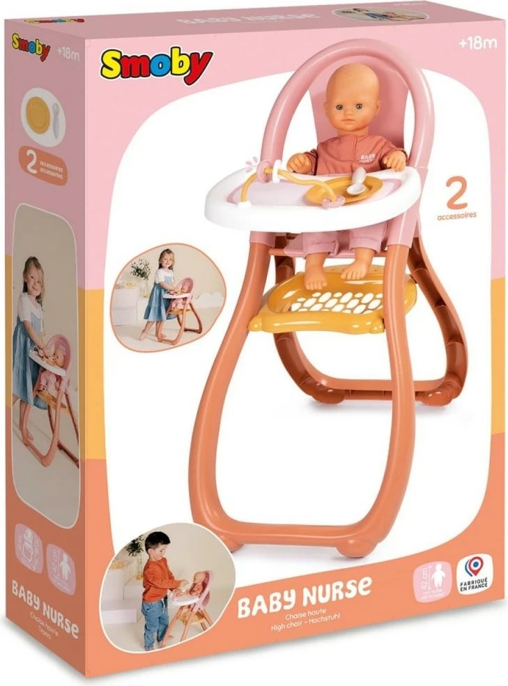 Karrige ushqimi për kukulla Smoby Baby Nurse, plastikë, kafe/rozë/e bardhë