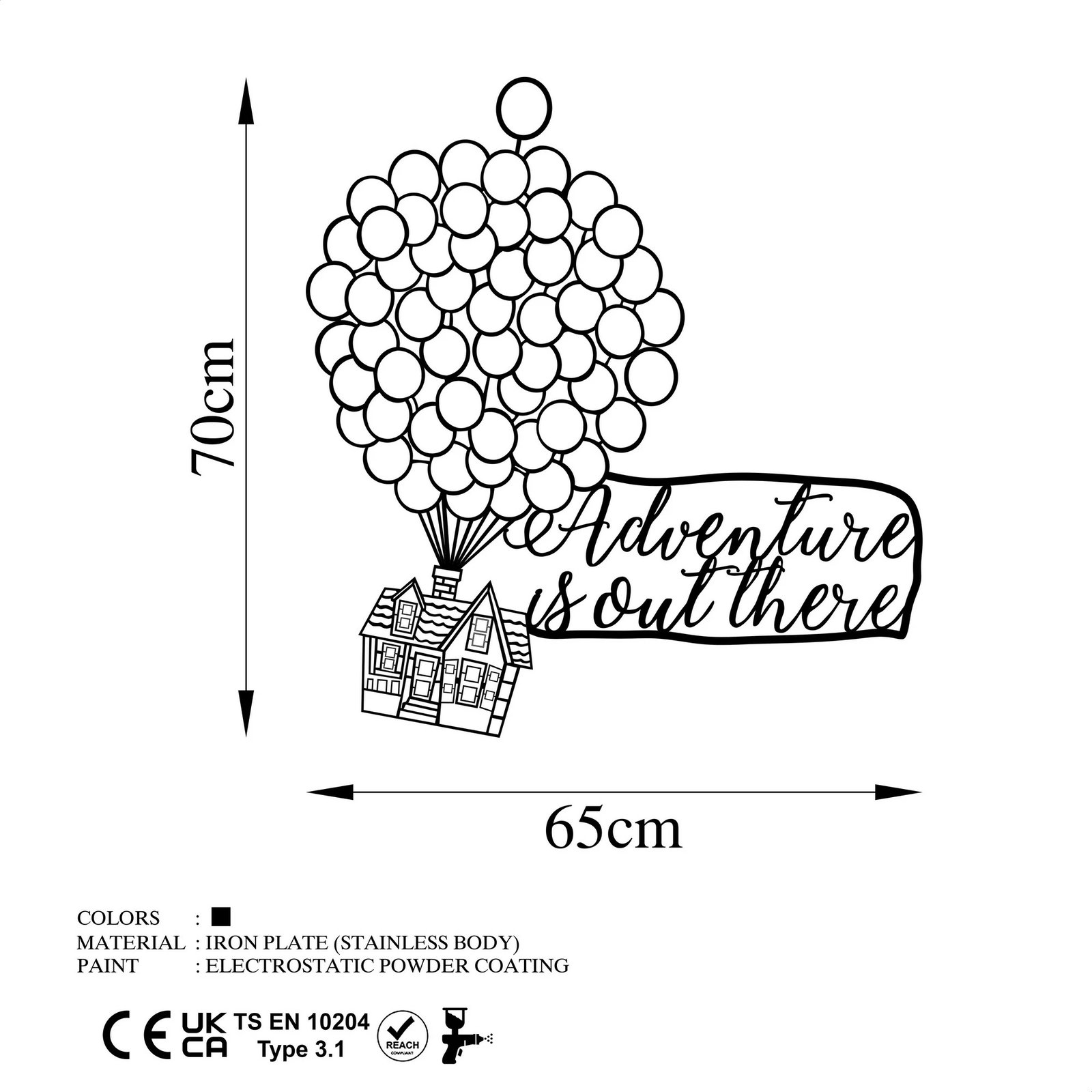 Aksesor dekorativ metalik për mur, Adventure Is Out There, ngjyrë e zezë, 65x70cm