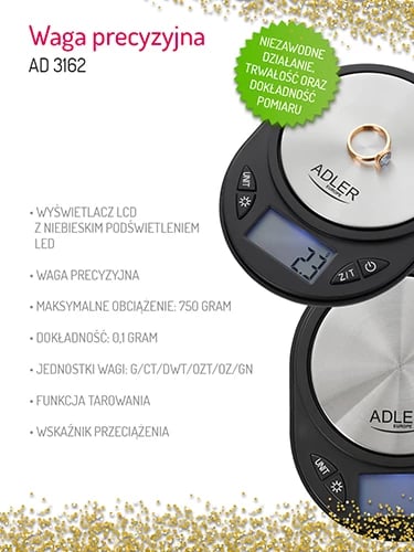 Peshore precize, Adler AD 3162, saktësi 0.1 g, kapacitet 750 g, ekran LCD me ndriçim blu, e zezë/argjendtë