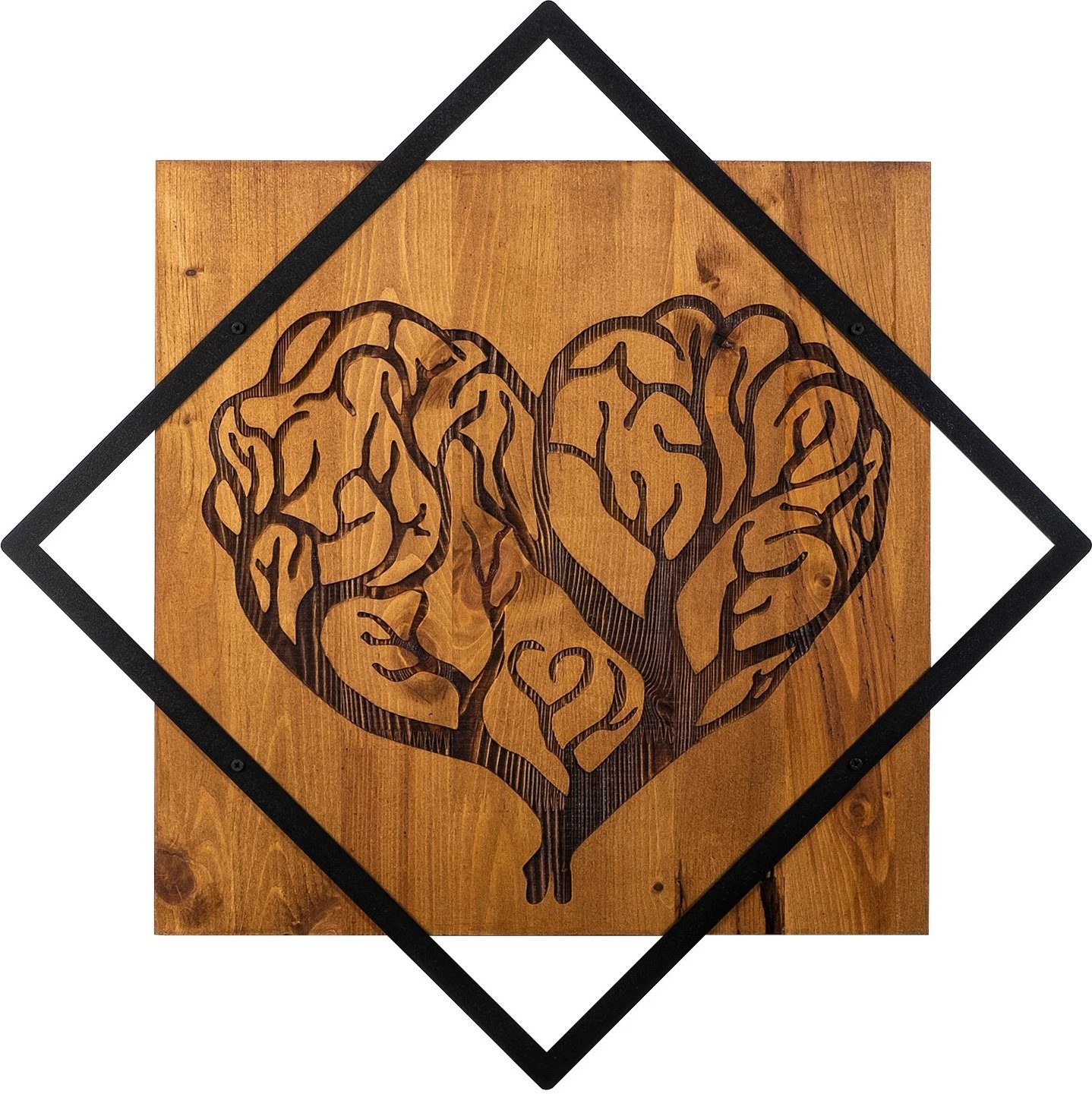 Aksesor dekorativ për mur, dru dhe metal, Wallity, zemër pemë, ngjyrë arre/zezë, 54x54cm
