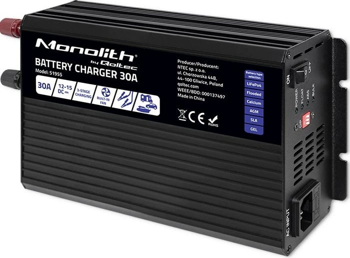 Karikues baterie Qoltec Monolith 51955, 30A, 12V, për LiFePO4/AGM/GEL/SLA Karikues baterie Qoltec Monolith 51955, 30A, 12V, për LiFePO4/AGM/GEL/SLA