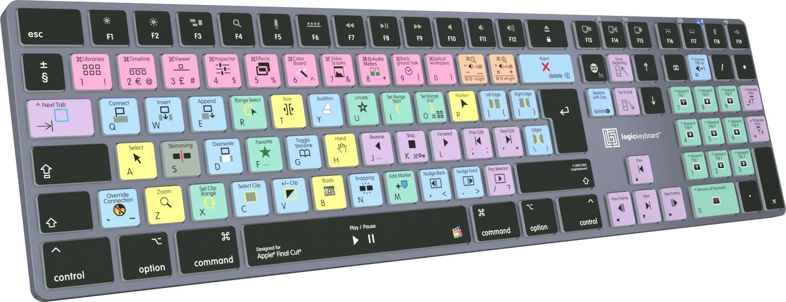 Kasë Logickeyboard LKB-FCPX10-TM-UK, wireless, Bluetooth, full-size, backlight, Final Cut Pro, titanium
