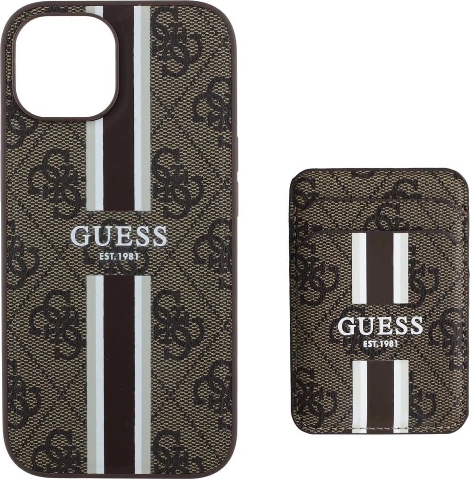 Mbështjellës Guess 4G Stripes me portofol MagSafe për iPhone 15, Kafe