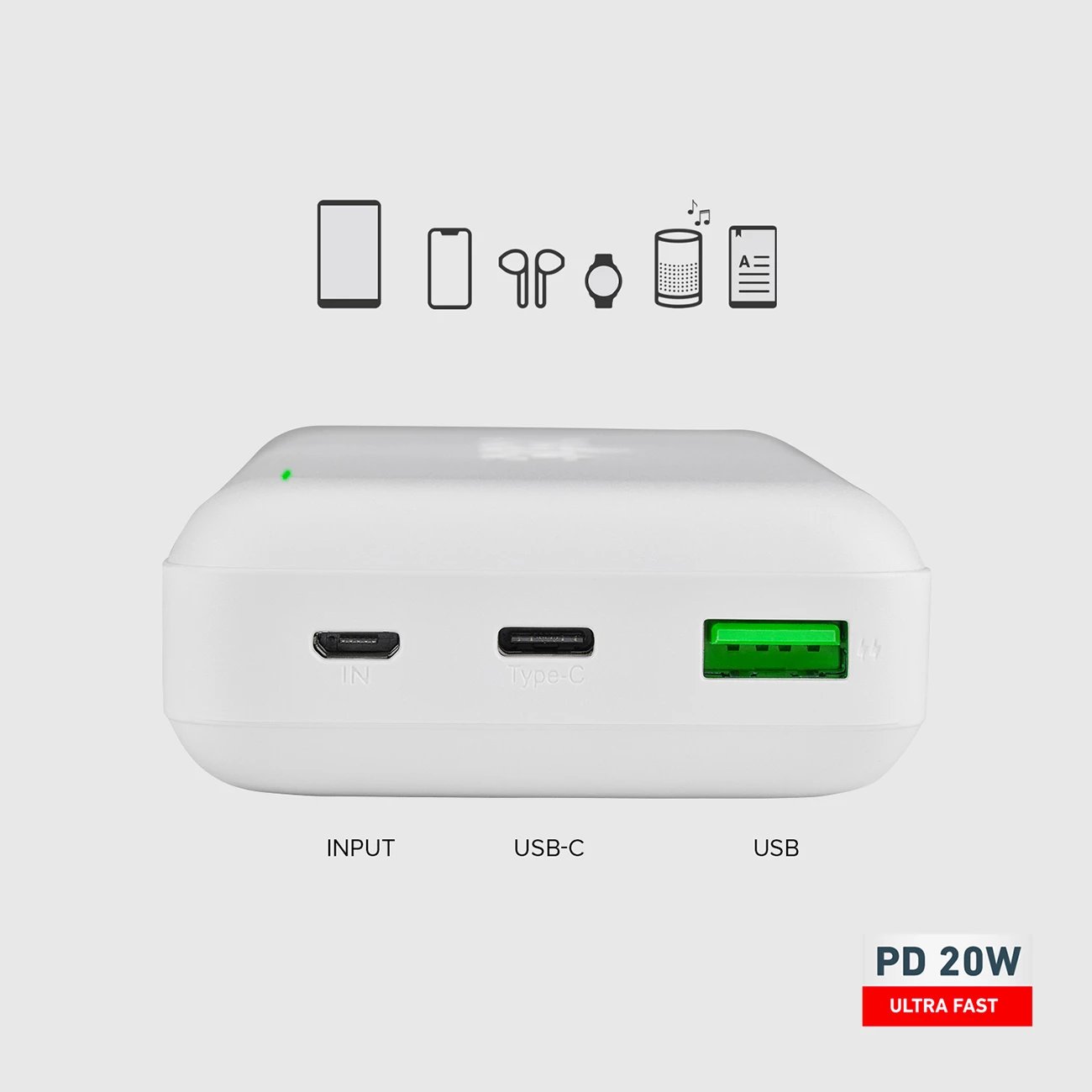 Powerbank SBS TTBB20000PD20W 20000 mAh, 20W, me USB-C, USB-A, Micro-USB, e bardhë