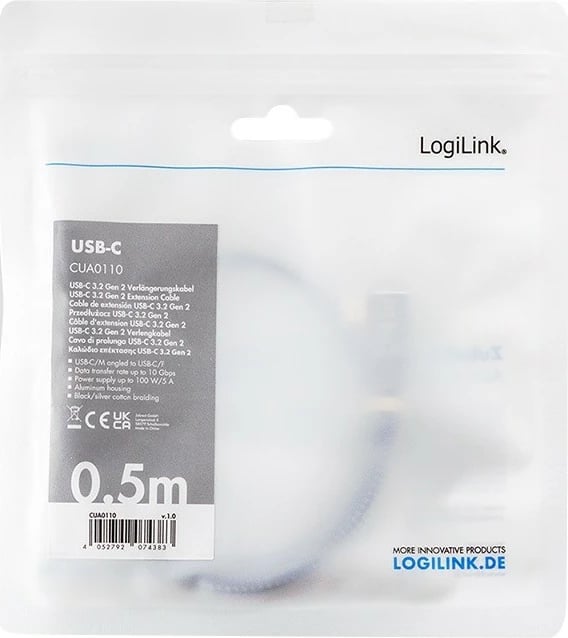 Kabllo zgjatës USB-C LogiLink CUA0110, 0.5m, kënd 90°, Power Delivery, e zezë