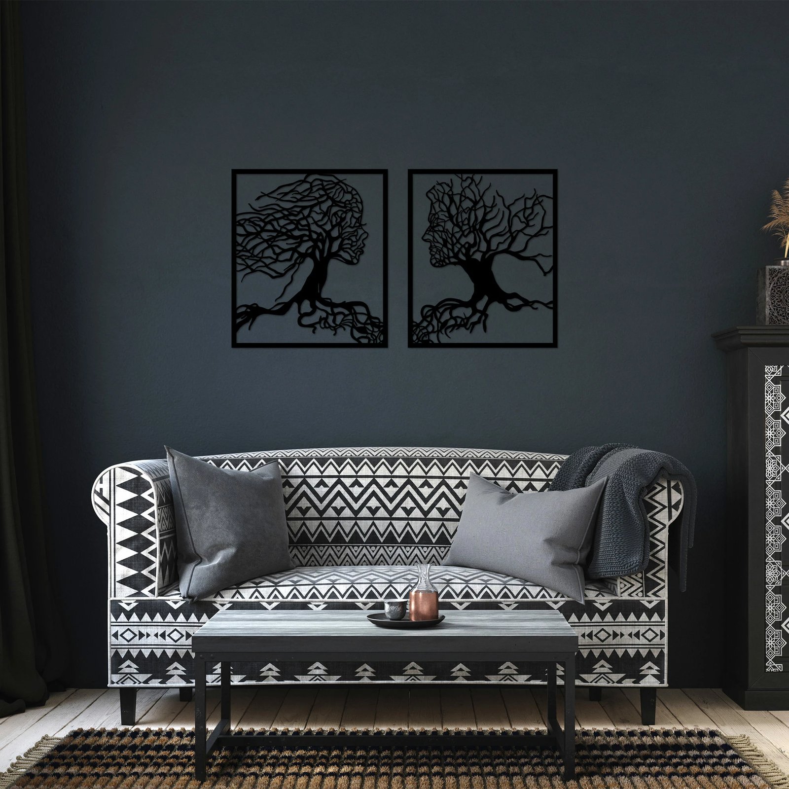 Aksesor dekorativ metalik për mur, Wallity, pemë mashkull dhe femër, 2 copë, 50x58cm