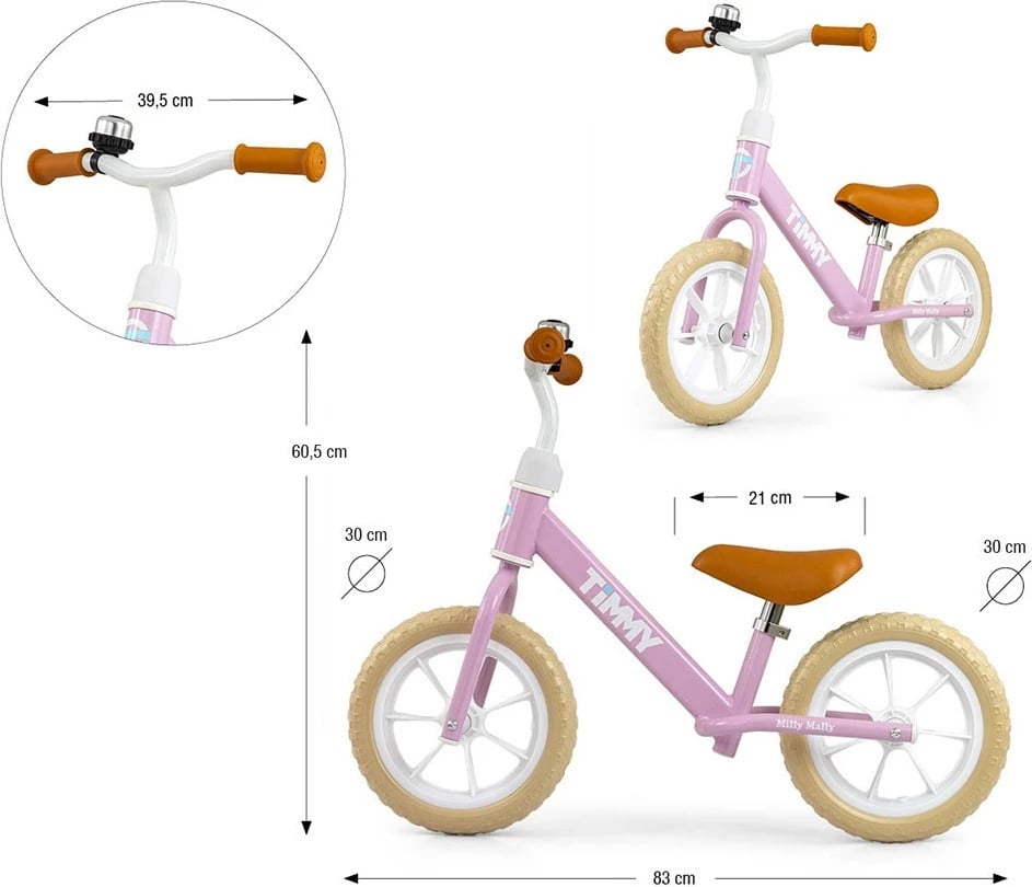 Bicikletë balancuese, Milly Mally, Timmy, 12" rrota EVA, ulëse e rregullueshme, 2-5 vjeç, rozë