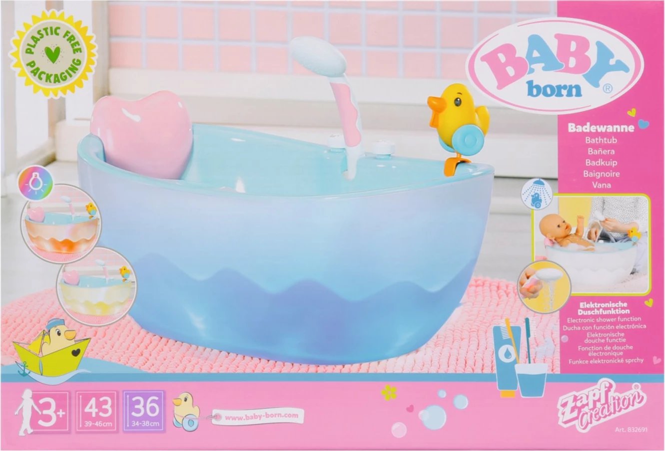 Vaskë lodër për kukulla, Baby Born (Zapf), 832691-116722, me drita & tinguj, dush i heqshëm automatik, kërkon 4xAA, blu e bardhë, me rosak spërkatës