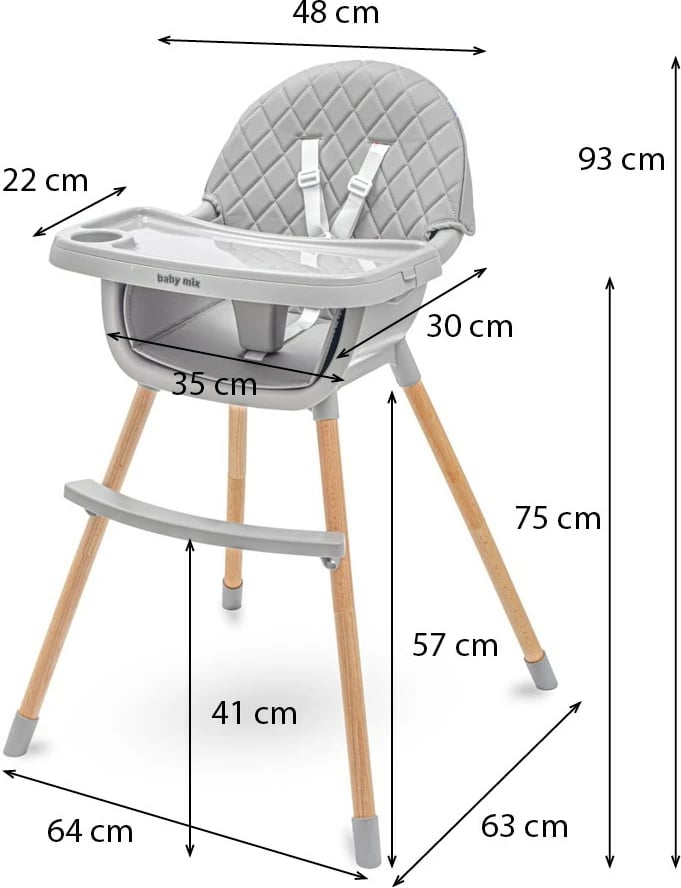 Karrige e lartë ushqimi për bebe Baby Mix Freja, tabaka e dyfishtë e rregullueshme, rrip 5‑pikësh, e kthyeshme në karrige të ulët, këmbë druri, gri e errët