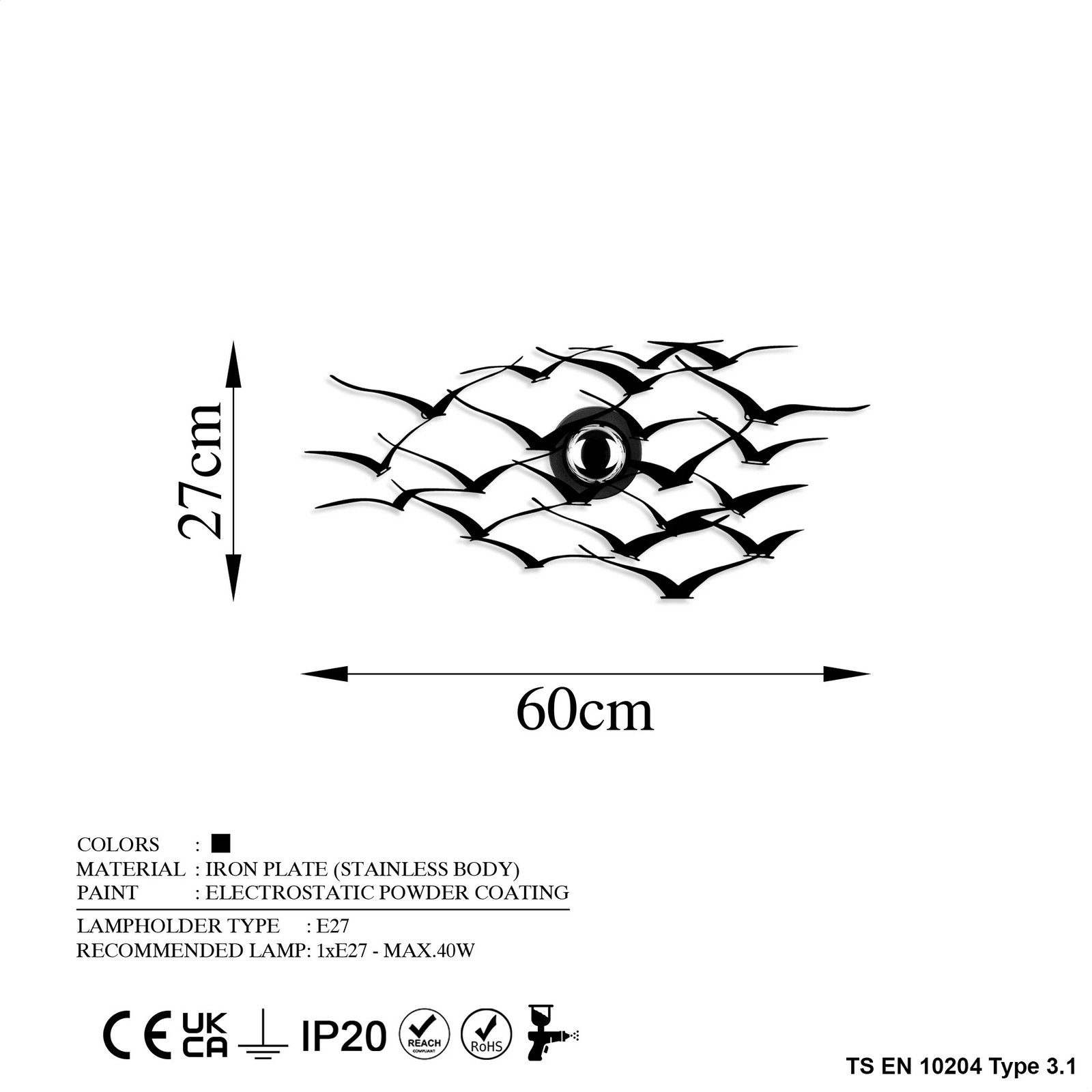 Llambë muri Opviq, zogj fluturues, ngjyrë e zezë Llambë muri Opviq, zogj fluturues, ngjyrë e zezë