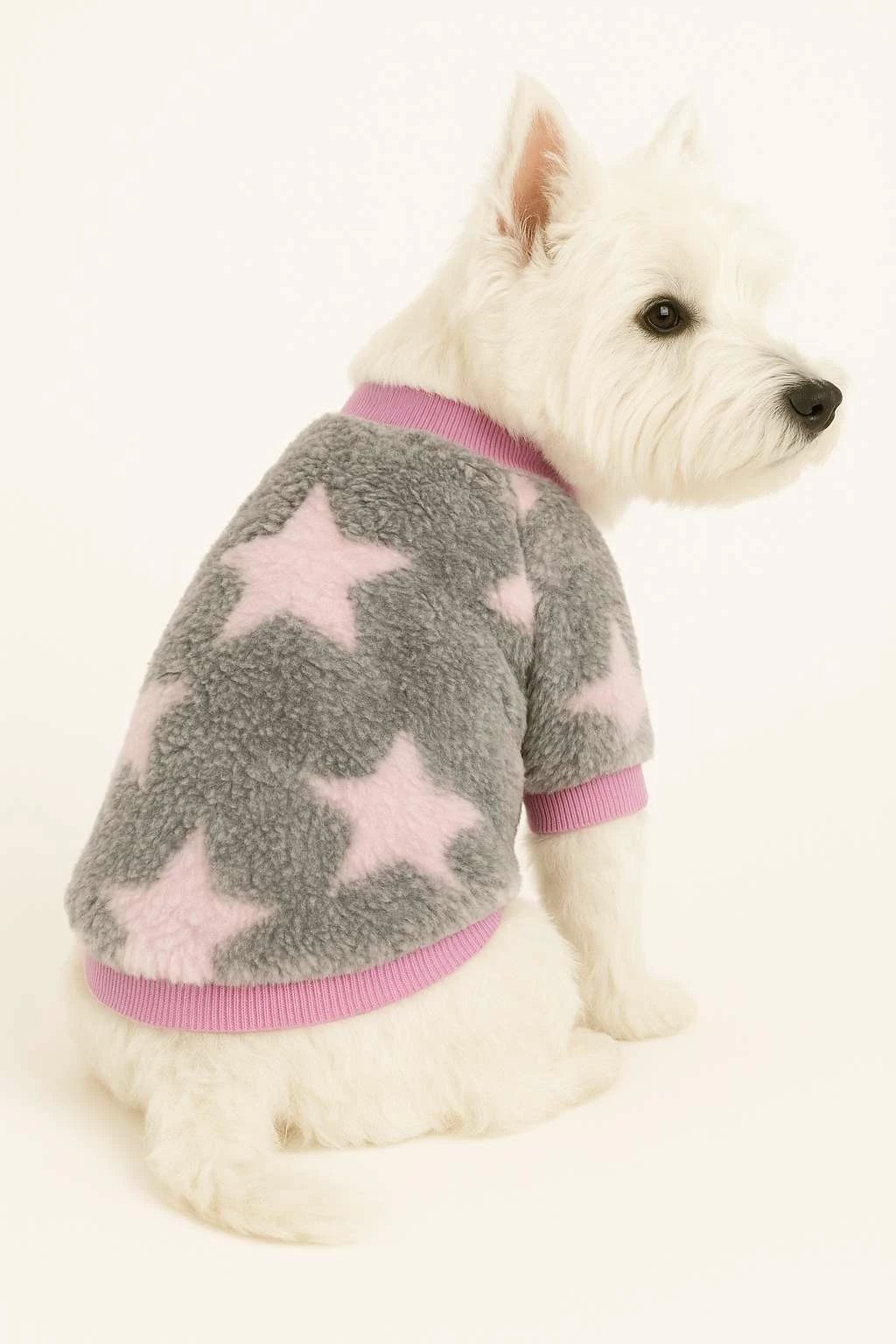 Hudi për qen, gri me yje rozë, Paws & Whiskers, Pinkstarsweat