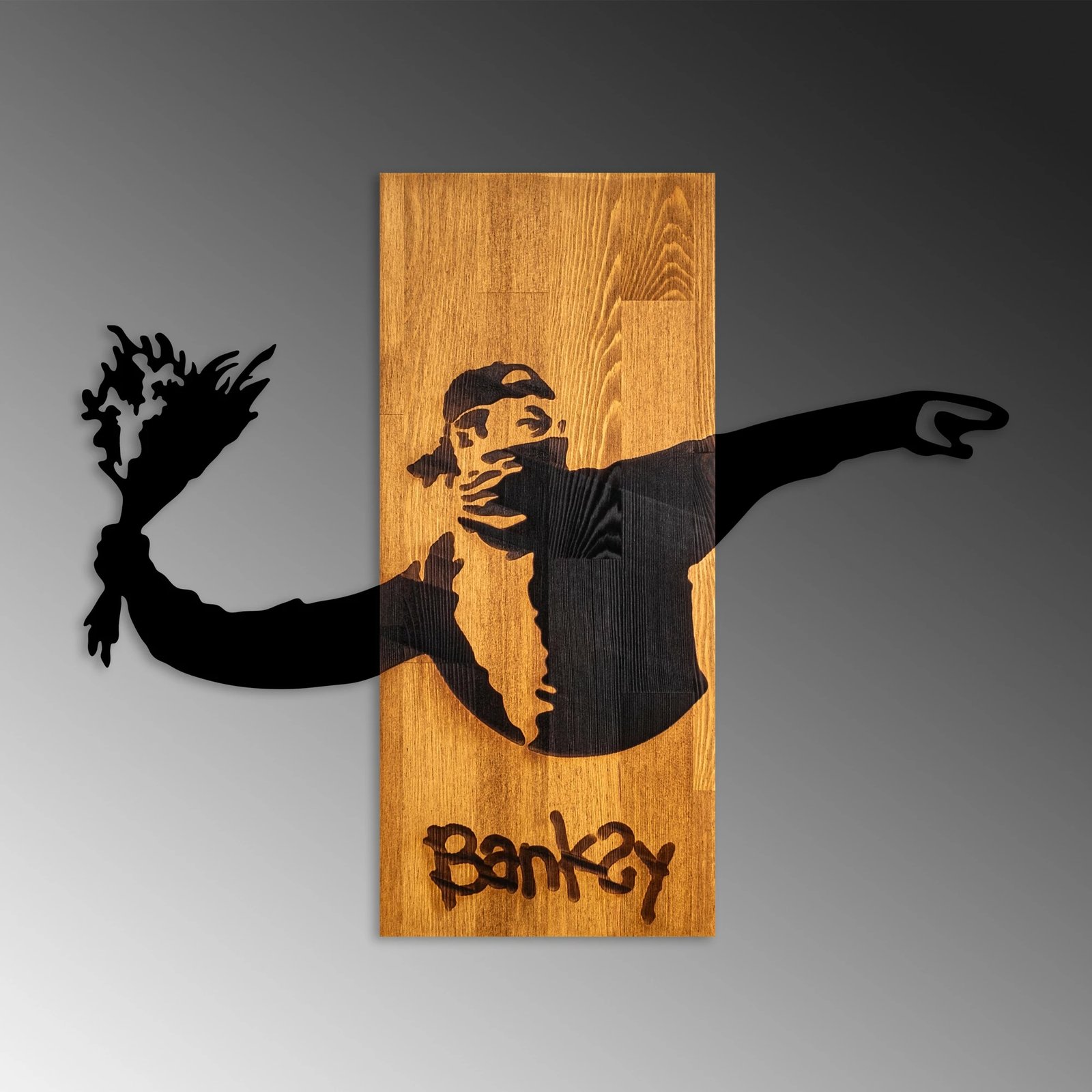 Aksesor dekorativ për mur, dru natyral, Banksy - Flower Thrower, ngjyrë arre, e zezë