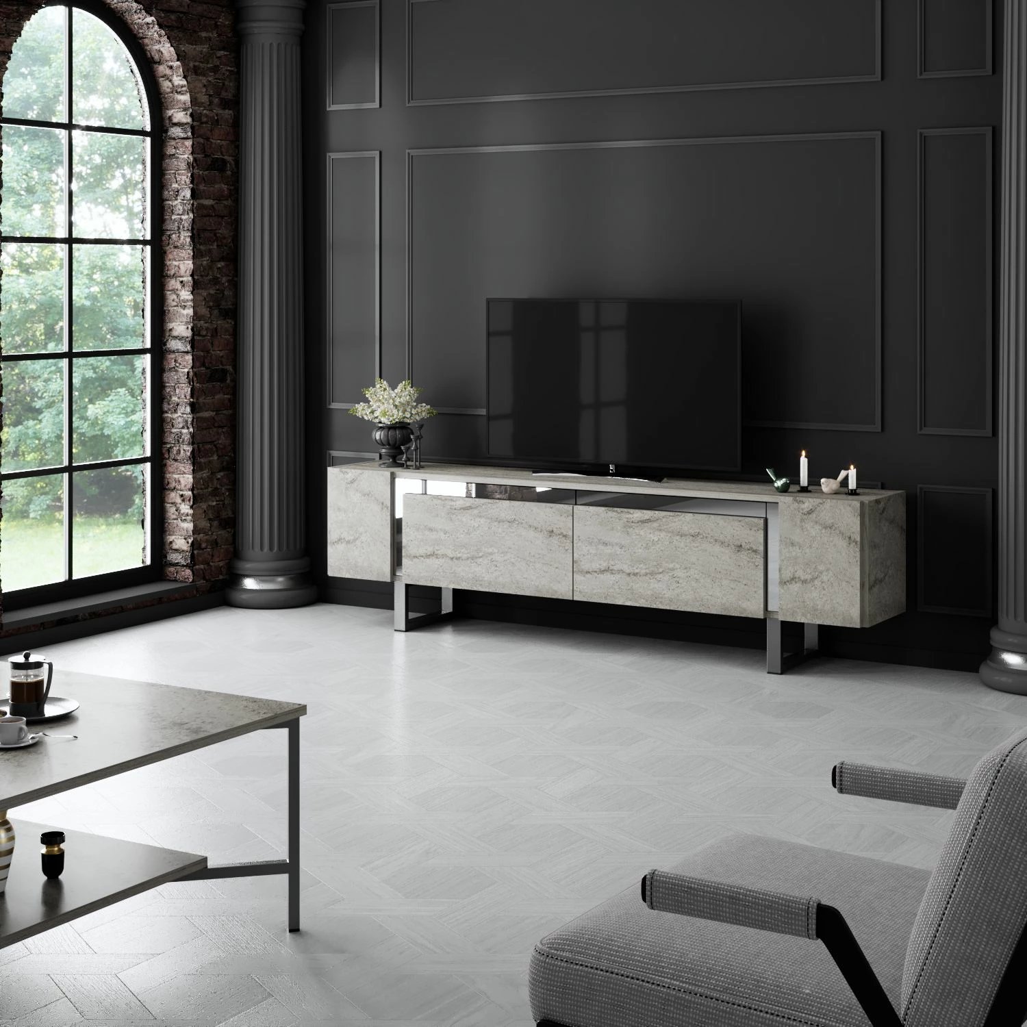 Komodë TV Hanah Home, Yildiz, travertin, argjend