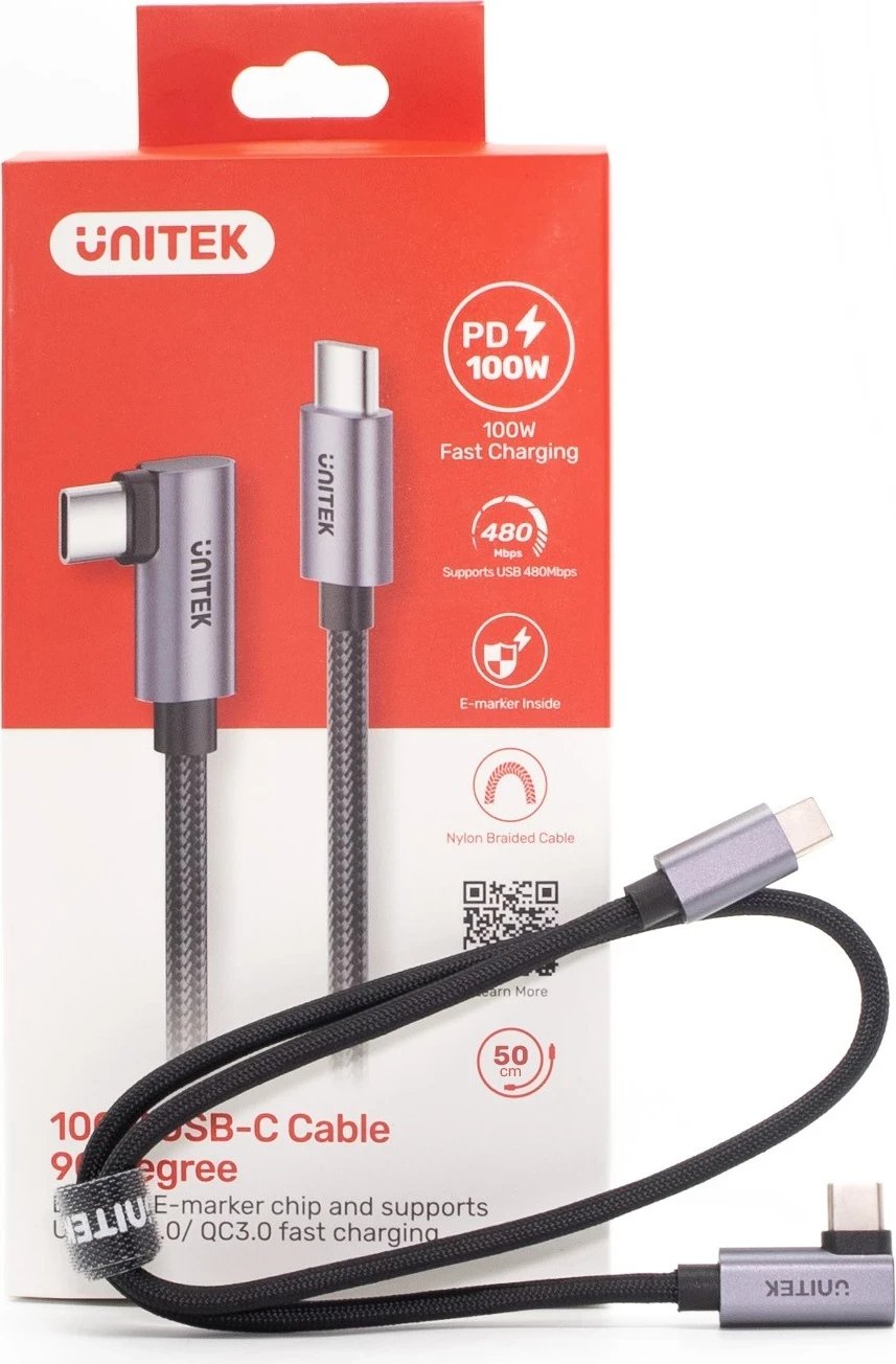 Kabllo Unitek USB-C me kënd 90° PD100W 0,5m, ngjyrë zi-hiri Kabllo Unitek USB-C me kënd 90° PD100W 0,5m, ngjyrë zi-hiri