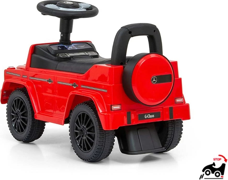 makinë lodër shtytëse për fëmijë, Milly Mally, Mercedes G350d, timon me tinguj, rrota para rrotulluese, sedilje me hapësirë, 12-36 muaj, 25 kg, e kuqe