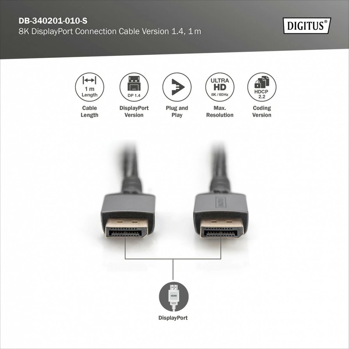 Kabllo DisplayPort Digitus DB-340201-010-S, 1m, 8K/60Hz, E zezë