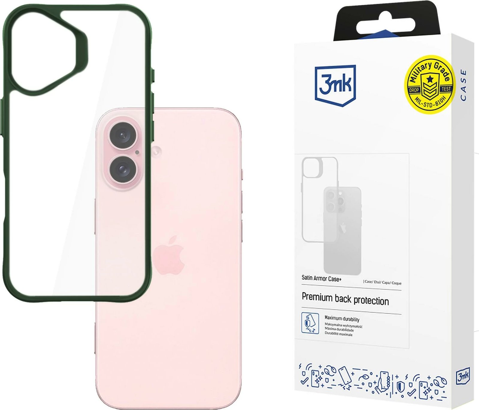 Mbështjellës 3mk Protection Satin Armor Case+ për iPhone 16, Transparent me kornizë të gjelbër