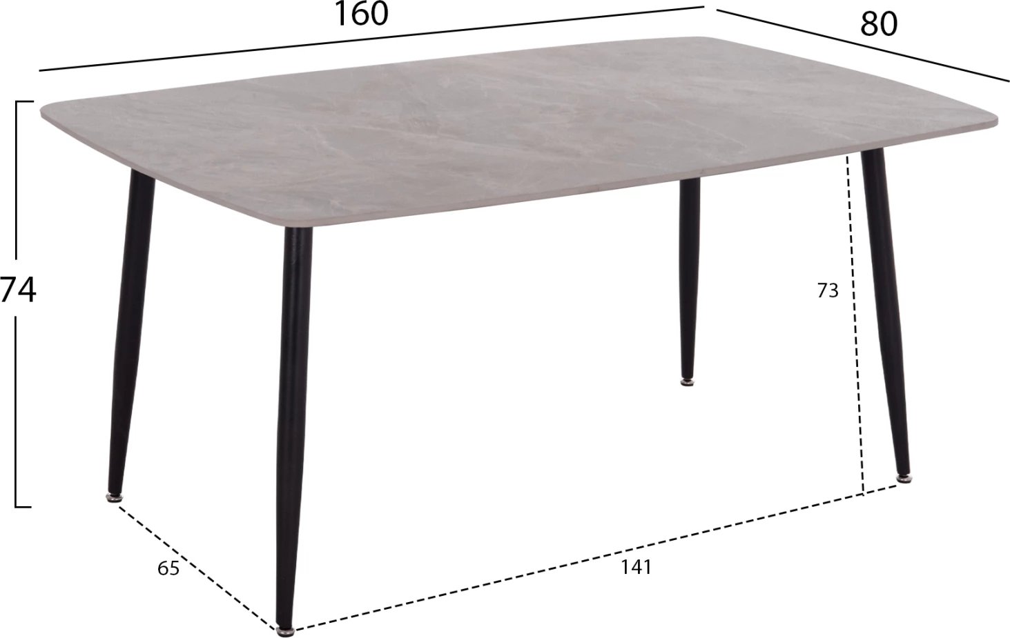 Tavolinë ngrënieje RAVEN, sipërfaqe qeramike, pamje mermeri gri, 160x80x74cm