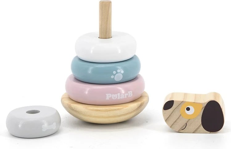 Lodër piramidë grumbulluese prej druri, Viga, Dog, 6 pjesë, 24M+, multingjyrë