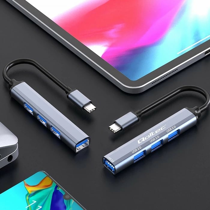 HUB USB-C Qoltec 53792, 4 porte (1x USB 3.0, 3x USB 2.0), grafit