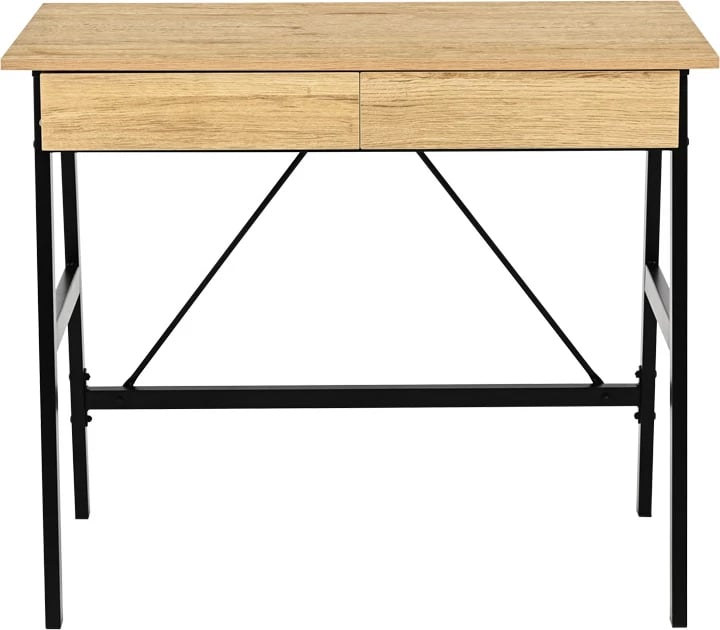 Tavolinë pune me sirtarë, ngjyrë lisi, këmbë metalike të zeza, Lione, 90x50x75cm