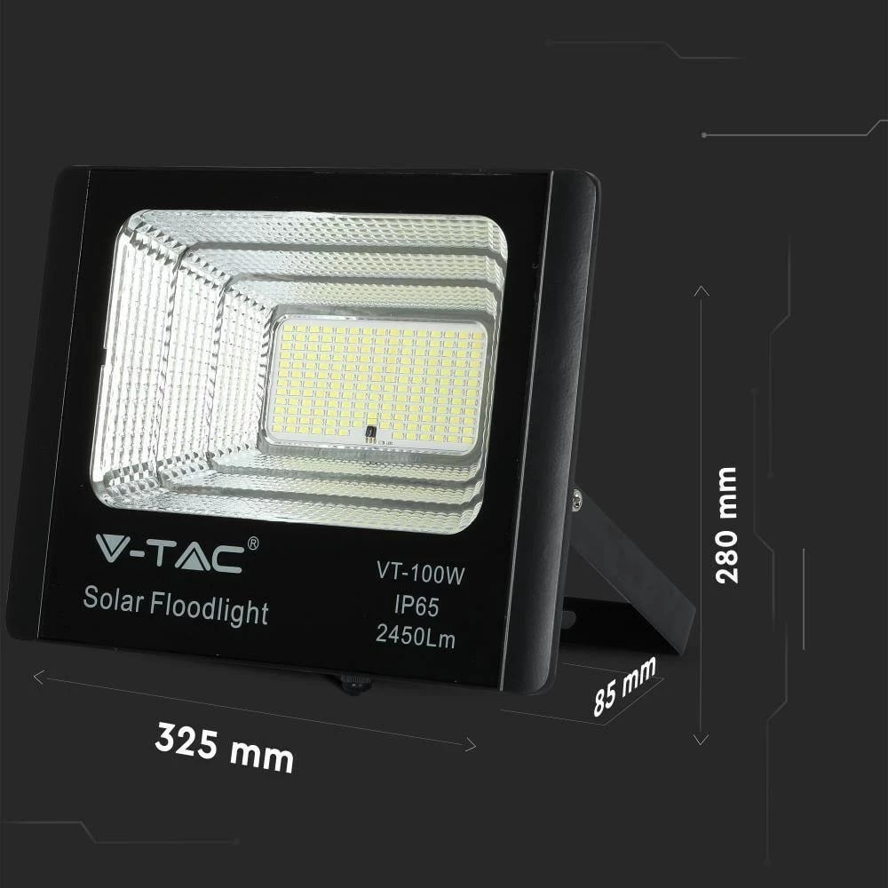 Projektor LED solar V-TAC 35W, IP65, me telekomandë, timer VT-100W 4000K, ngjyrë e zezë