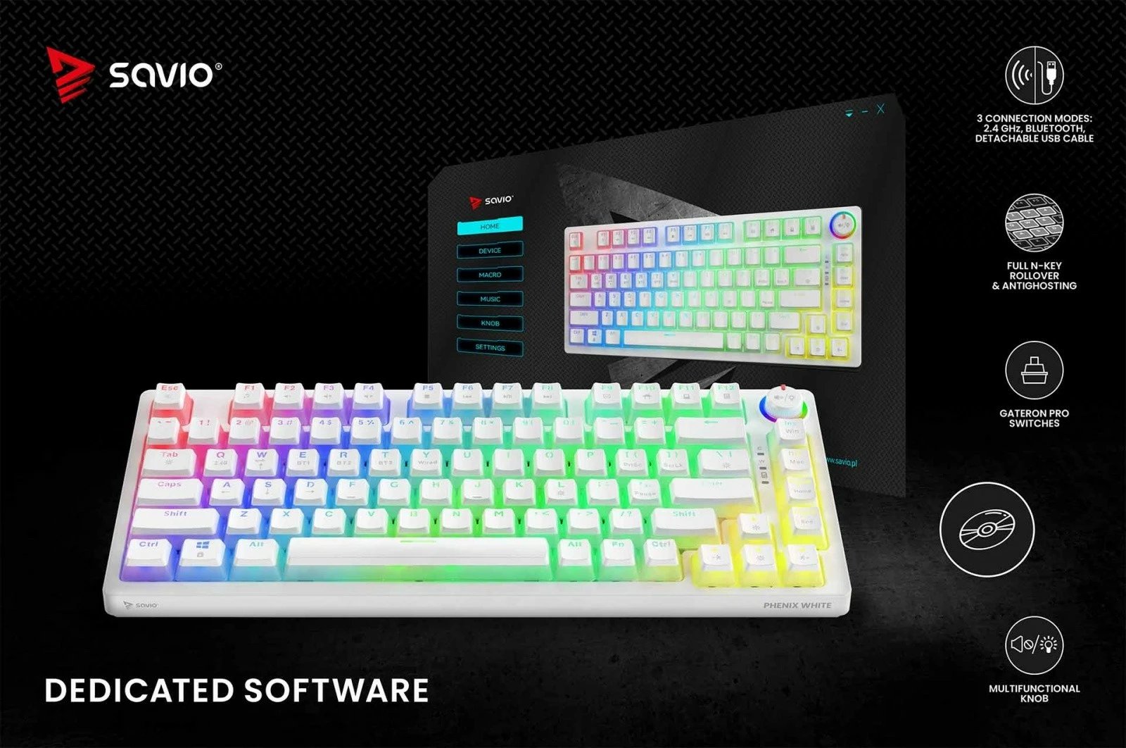 Tastierë mekanike wireless Savio PHENIX WHITE Gateron Red Pro, 82 tasta, RGB, e bardhë Tastierë mekanike wireless Savio PHENIX WHITE Gateron Red Pro, 82 tasta, RGB, e bardhë
