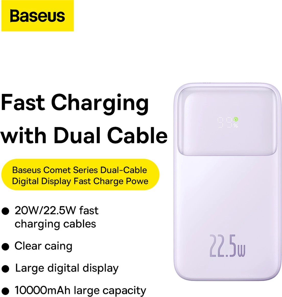 Powerbank Baseus Comet Series PPMD020005, 10000mAh, 22.5W, me ekran, vjollcë + kabllo USB-A/USB-C