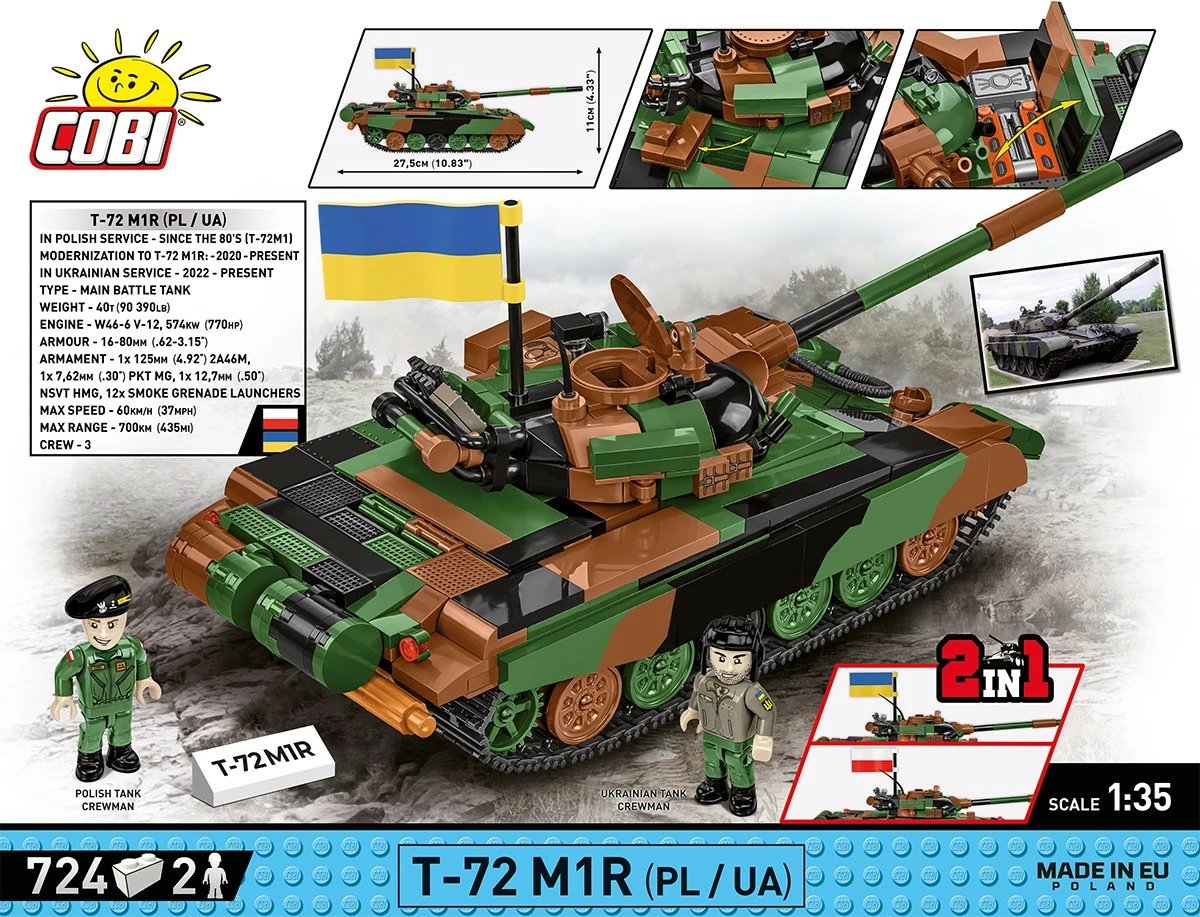 Set lodrash ndërtimi Cobi Klocki T-72M1R, 724 pjesë, me 2 figurina, Kamuflazh