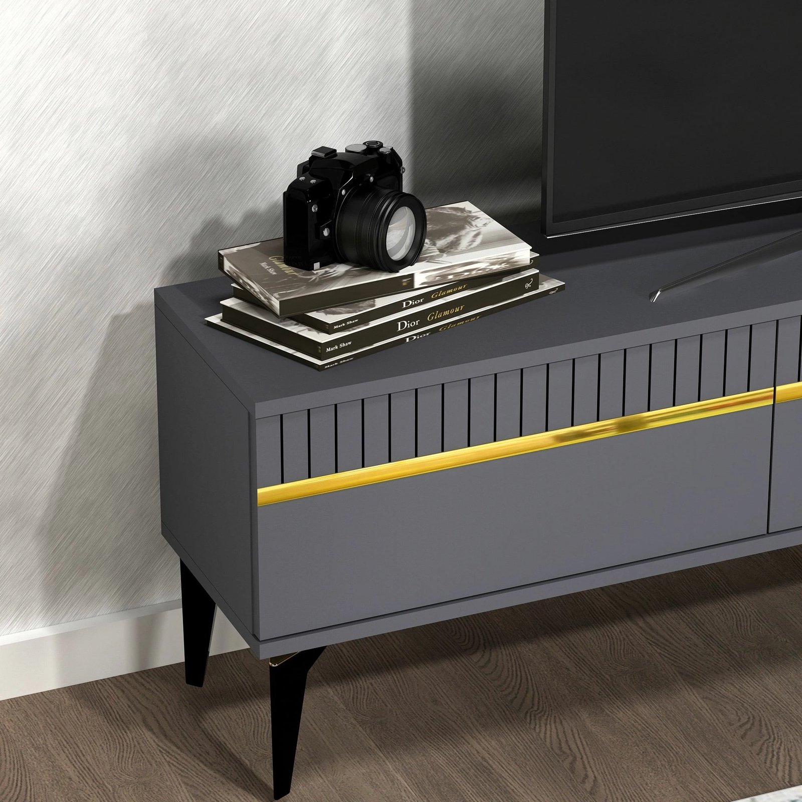 Komodë TV Skye Decor, ngjyrë antracit dhe ari, Defne