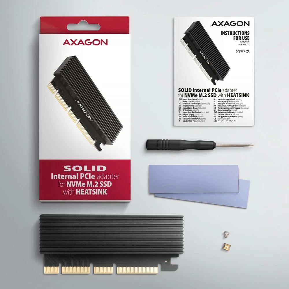 Adapter PCIe AXAGON PCEM2-XS për SSD NVMe M.2 me ftohës, i zi
