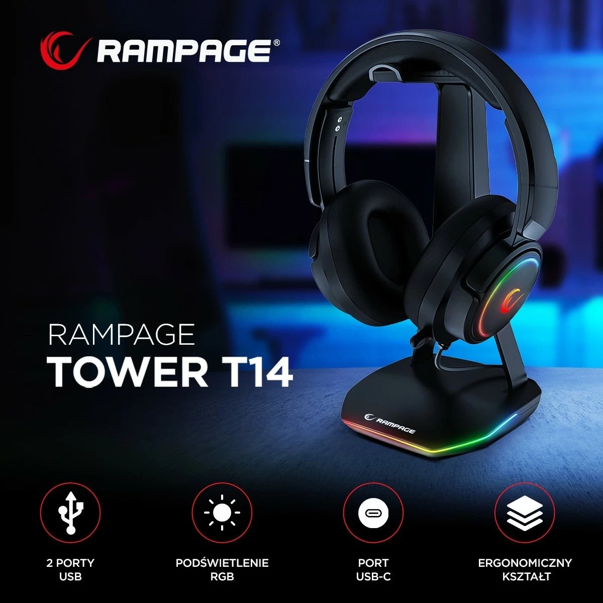 Stojak kufje Rampage T14, gaming, RGB, 2x USB, e zezë