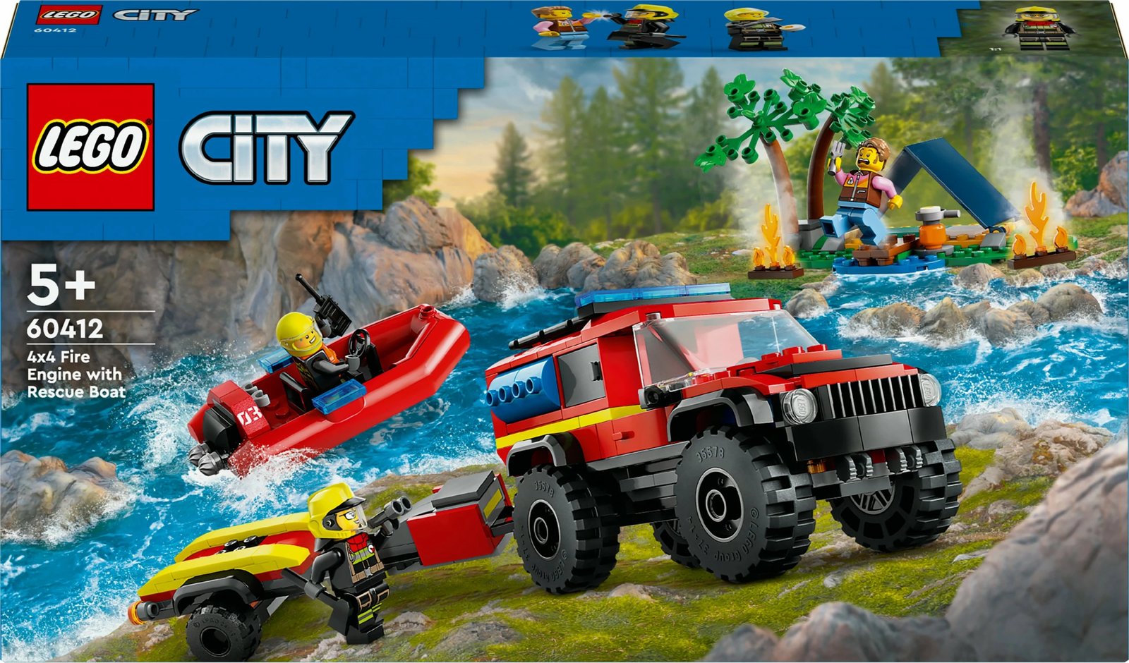 Set ndërtimi LEGO City 4x4 Kamion Zjarri me Varkë Shpëtimi 301 pjesë, multingjyrësh