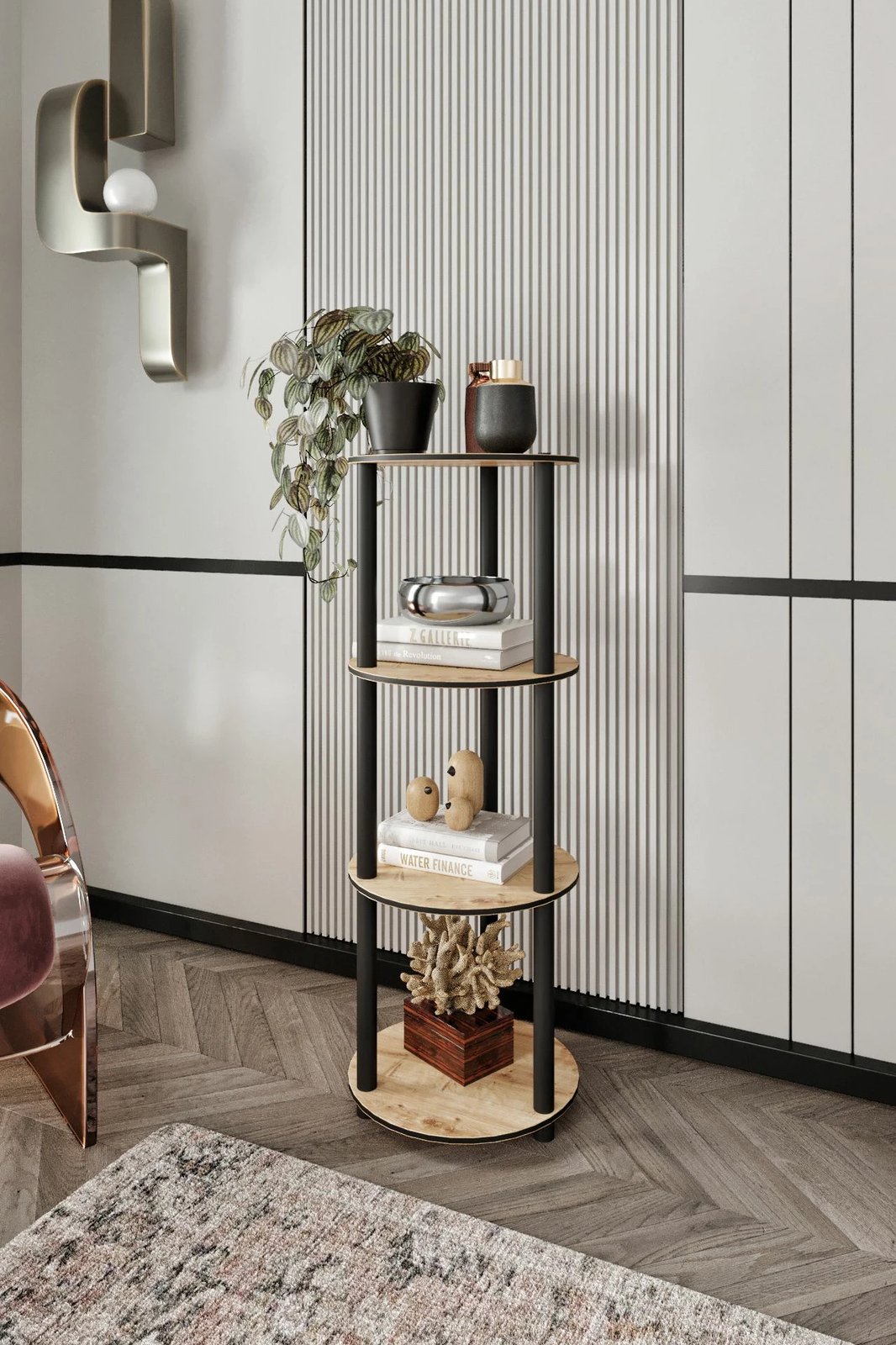 Raft librash Skye Decor, 4 kate, i rrumbullakët, ngjyrë lisi