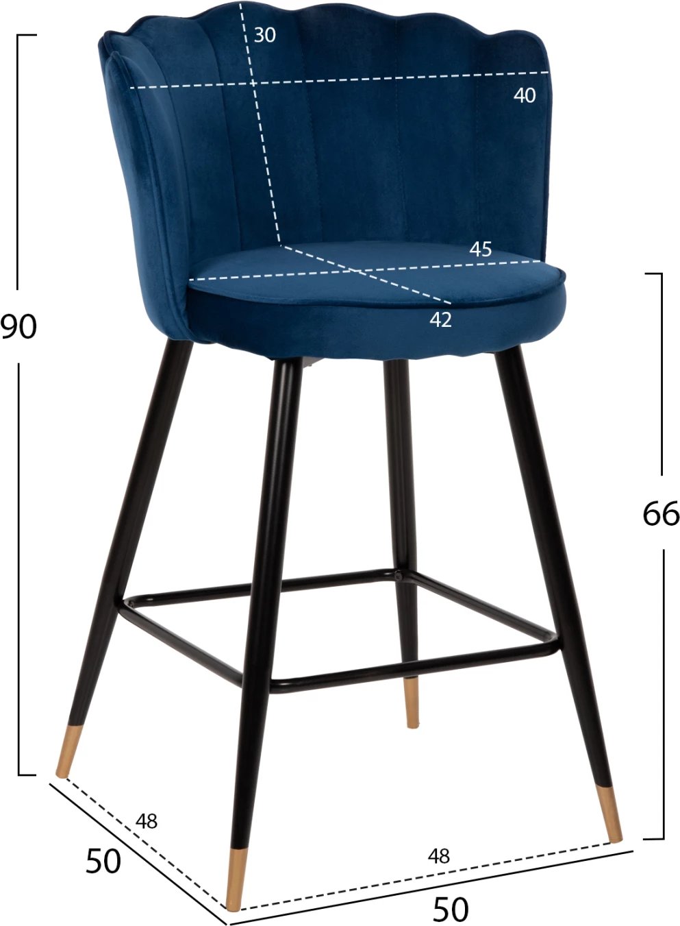 Karrige për bar VESNA, kadife blu, kornizë metalike e zezë, 50x50x90H cm., set prej 2 copë